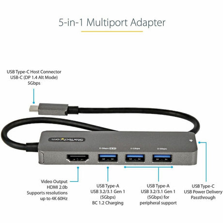 StarTech.com USB C Multiport Adapter, USB-C to HDMI 4K 60Hz (HDR10), 100W PD Pass-Through, 4xUSB 3.0, USB Type-C Mini Dock, 12" Long Cable