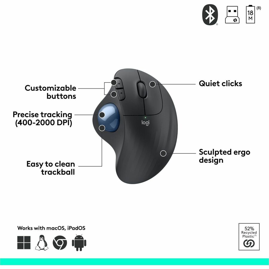 Logitech ERGO M575 Wireless Trackball Mouse for Business - Ergonomic Design, Logi Bolt, Bluetooth, Graphite