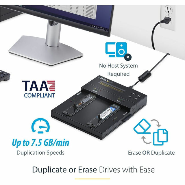 StarTech.com Standalone Dual Bay M.2 SATA/NVMe Duplicator/Eraser, HDD/SSD Cloner/Wiper, M.2 PCIe/AHCI, Hard Drive Sanitizer/Copier, TAA