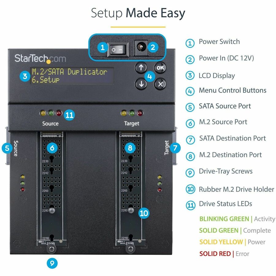 StarTech.com Standalone Dual Bay M.2 SATA/NVMe Duplicator/Eraser, HDD/SSD Cloner/Wiper, M.2 PCIe/AHCI, Hard Drive Sanitizer/Copier, TAA