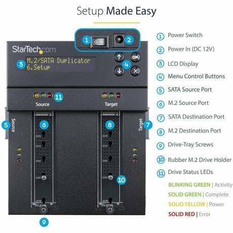 StarTech.com Standalone Dual Bay M.2 SATA/NVMe Duplicator/Eraser, HDD/SSD Cloner/Wiper, M.2 PCIe/AHCI, Hard Drive Sanitizer/Copier, TAA