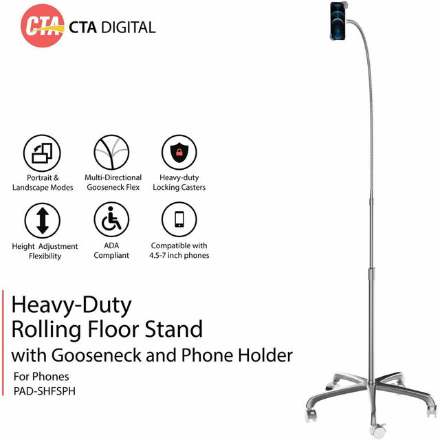 CTA Digital Heavy-Duty Rolling Floor Stand with Gooseneck and Phone Holder
