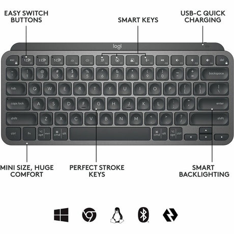 Logitech MX Keys Mini Wireless Illuminated Keyboard for Business, Compact, Logi Bolt Technology, Graphite