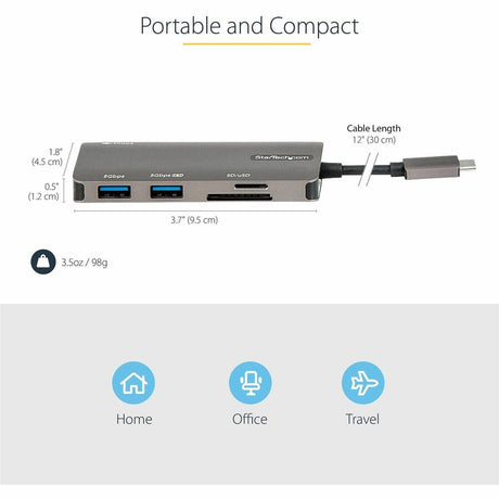 StarTech.com USB C Multiport Adapter, USB-C to 4K HDMI, 100W PD Pass-through, SD/MicroSD, 3xUSB 3.0, USB Type-C Mini Dock, 12" Long Cable