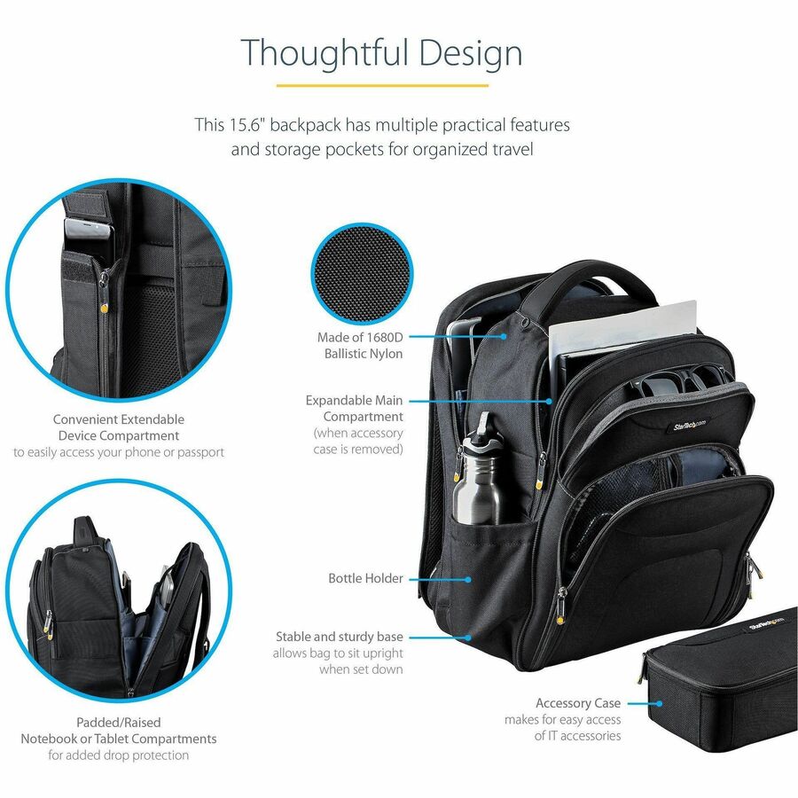 StarTech.com 15.6" Laptop Backpack w/ Removable Accessory Case, Professional IT Tech Backpack for Work/Travel/Commute, Nylon Computer Bag