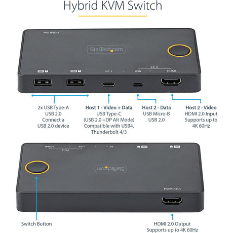 StarTech.com 2 Port Hybrid USB-A + HDMI & USB-C KVM Switch, Single 4K 60Hz HDMI 2.0 Monitor, Compact Desktop and/or Laptop HDMI KVM Switch
