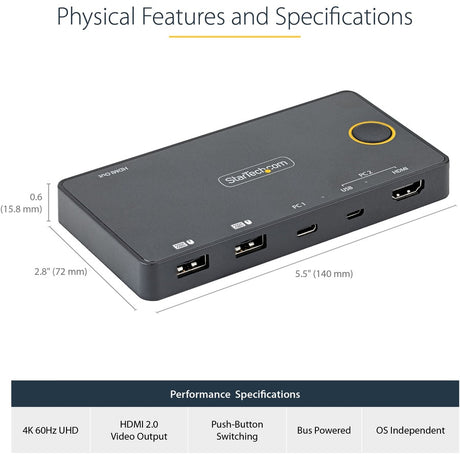 StarTech.com 2 Port Hybrid USB-A + HDMI & USB-C KVM Switch, Single 4K 60Hz HDMI 2.0 Monitor, Compact Desktop and/or Laptop HDMI KVM Switch