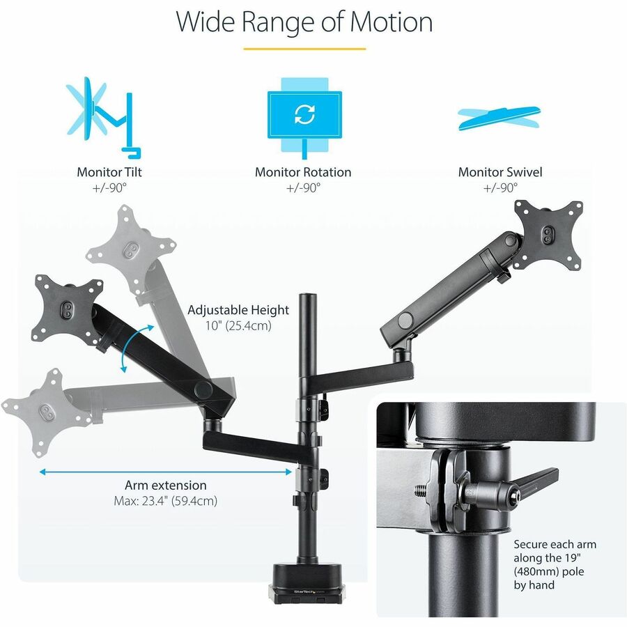 StarTech.com Desk Mount Dual Monitor Arm, Height Adjustable Full Motion Monitor Mount for 2x VESA Displays up to 32" (17.6lb/8kg)