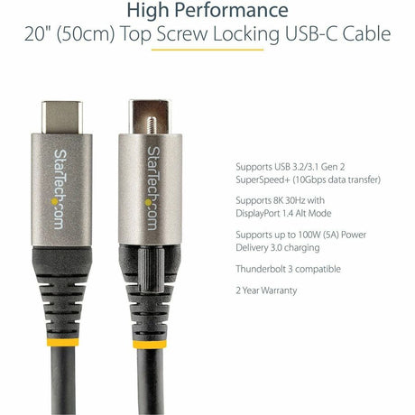 StarTech.com 20in 50cm Top Single Screw Locking USB C Cable 10Gbps, USB 3.1 Type-C Cable, 5A/100W PD, DP Alt Mode, USB-C to C Cord