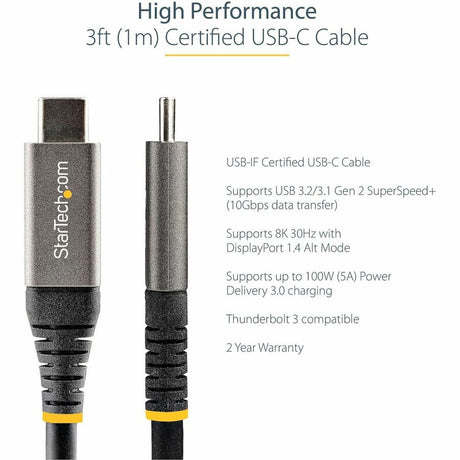StarTech.com 3ft 1m USB C Cable 10Gbps, USB-IF Certified USB-C Cable, USB 3.1 Type-C Cable, 5A/100W PD, DP Alt Mode, USB C Cord