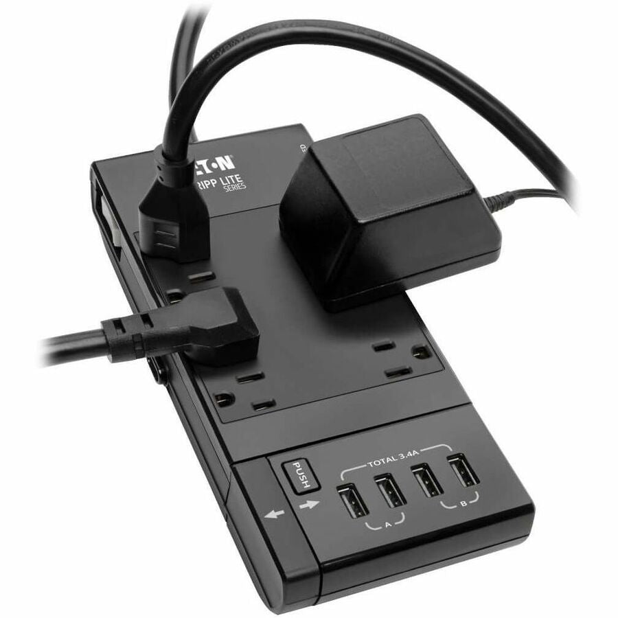 Eaton Tripp Lite Series Safe-IT 6-Outlet Surge Protector, Retractable USB Charger, 5-15R Outlets, 4 USB Charging Ports, 8 ft. (2.4 m) Cord, Antimicrobial Protection