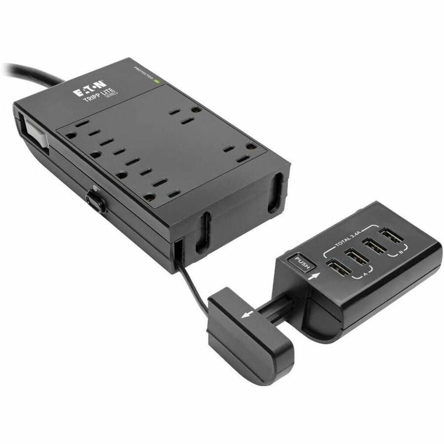 Eaton Tripp Lite Series Safe-IT 6-Outlet Surge Protector, Retractable USB Charger, 5-15R Outlets, 4 USB Charging Ports, 8 ft. (2.4 m) Cord, Antimicrobial Protection
