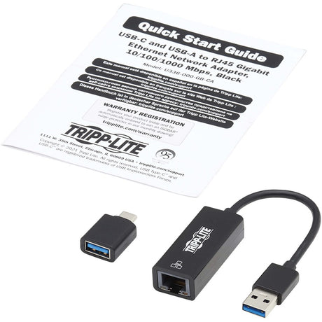 Eaton Tripp Lite Series USB-C, USB-A to RJ45 Gigabit Ethernet Network Adapter (2xM/F), USB 3.2 Gen 1, Black