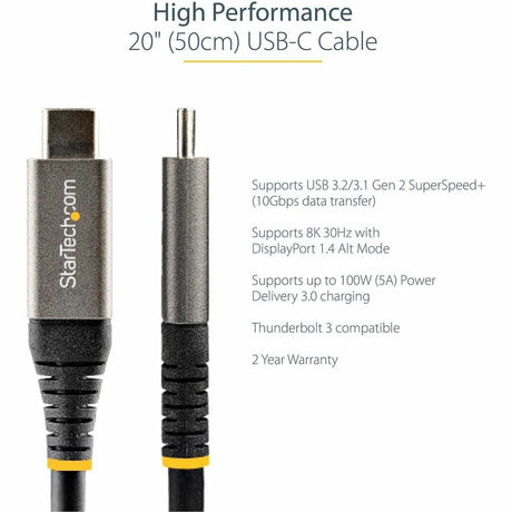 StarTech.com 20" 50cm USB C Cable 10Gbps, USB 3.1 Type-C Cable, 5A/100W, DP Alt Mode, USB-C Cord for USB-C Laptop/Phone/Device