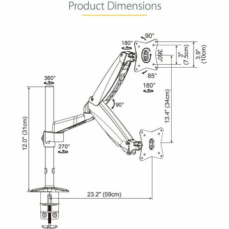 StarTech.com Desk Mount Monitor Arm for Single VESA Display 49"(17.6lb/8kg), Full Motion Articulating & Height Adjustable, C-Clamp/Grommet