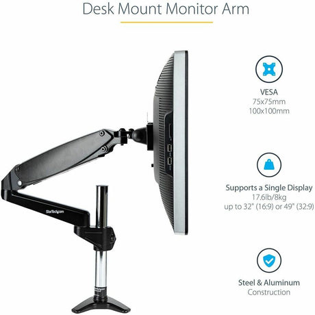StarTech.com Desk Mount Monitor Arm for Single VESA Display 49"(17.6lb/8kg), Full Motion Articulating & Height Adjustable, C-Clamp/Grommet