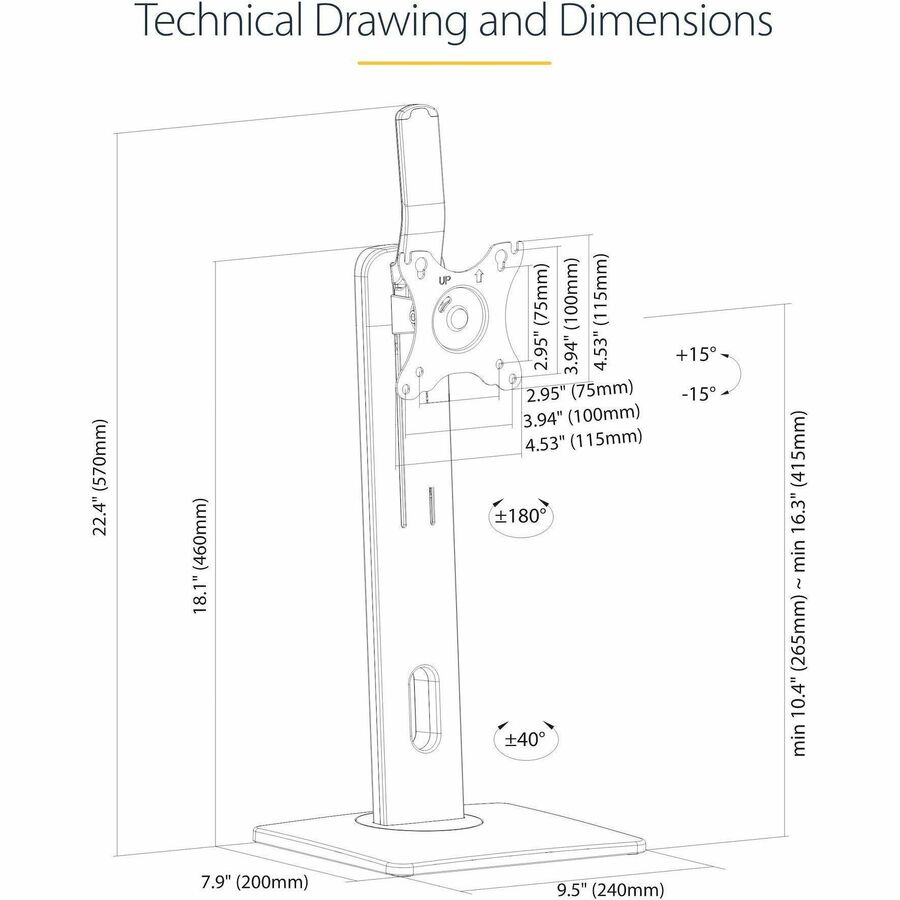 StarTech.com Free Standing Single Monitor Mount, Height Adjustable Ergonomic Monitor Desk Stand, For VESA Mount Displays up to 32" (15lb)