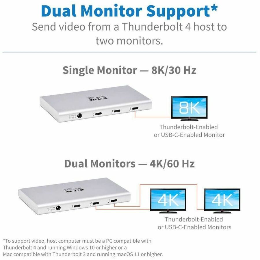 Eaton Tripp Lite Series 4-Port Thunderbolt 4 Hub - 8K, 2x 4K 60 Hz, USB 3.2 Gen 2, USB-A Port, 100W Charging, Gray