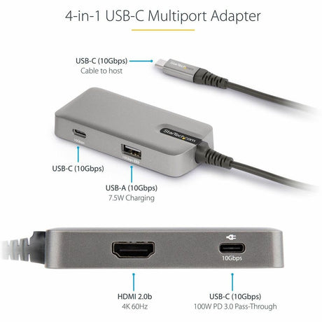 StarTech.com USB C Multiport Adapter, 4K 60Hz HDMI 2.0, 100W PD Pass-through, USB Hub, USB Type-C Mini Docking Station, 10" (25cm) Cable