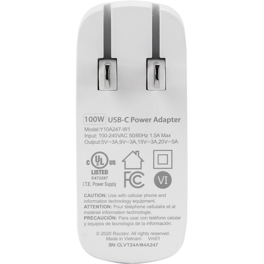 Rocstor 100W Smart USB-C Power Adapter - A/C Charger for Apple&reg; MacBook&reg;, MacBook Air&reg;, MacBook Pro&reg; 13" (61W), MacBook Pro&reg; 14" (67W), MacBook Pro&reg; 15.6" (87W), MacBook Pro&reg; 16" (96W) with USB=C, Chromebook&reg;, HP&reg;, Dell