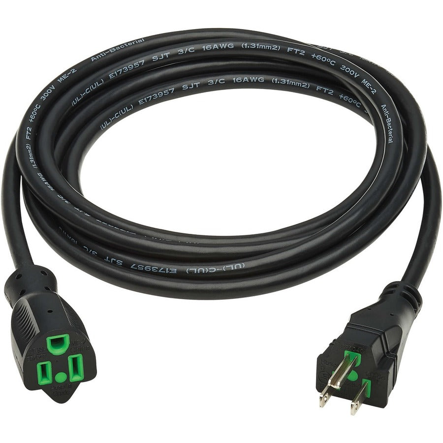 Eaton Tripp Lite Series Safe-IT Antibacterial Hospital-Grade Extension Cord, 5-15P to 5-15R - Green Dot, 13A, 125V, 16 AWG, Black, 10 ft. (3 m)