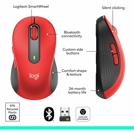 Logitech Signature M650 L Full Size Wireless Mouse - For Large Sized Hands, 2-Year Battery, Silent Clicks, Bluetooth, Red