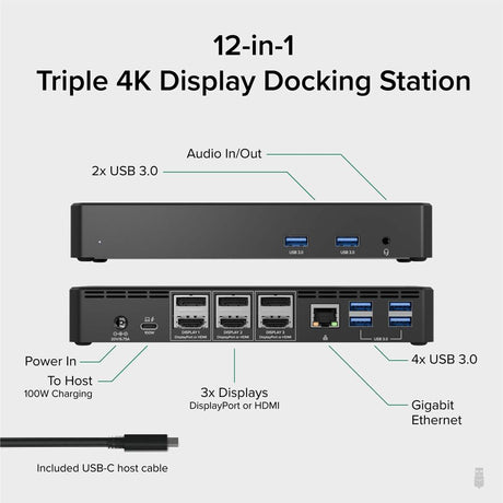 Plugable 12-in-1 USB C Triple Monitor Docking Station, Triple 4K Displays with 3X HDMI or 3X DisplayPort