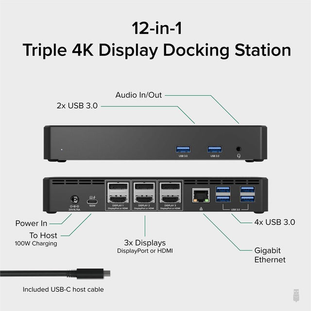 Plugable 12-in-1 USB C Triple Monitor Docking Station, Triple 4K Displays with 3X HDMI or 3X DisplayPort