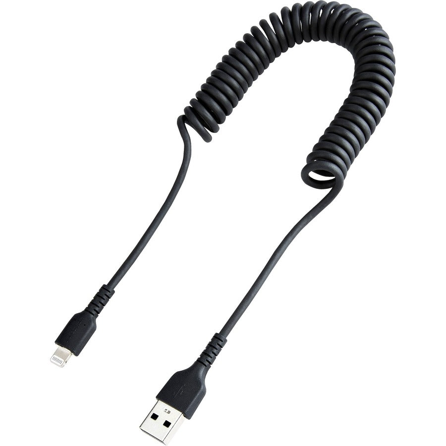 StarTech.com 1m (3ft) USB to Lightning Cable, MFi Certified, Coiled iPhone Charger Cable, Black, Durable TPE Jacket Aramid Fiber