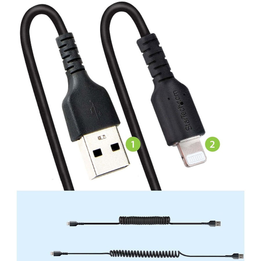 StarTech.com 1m (3ft) USB to Lightning Cable, MFi Certified, Coiled iPhone Charger Cable, Black, Durable TPE Jacket Aramid Fiber