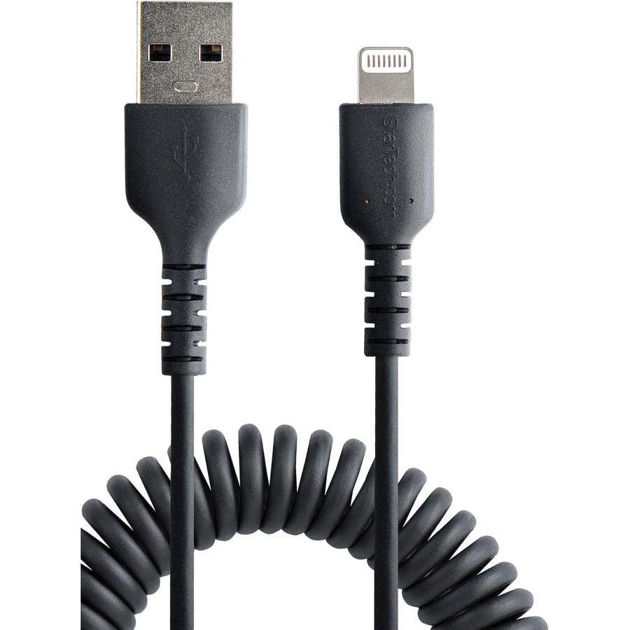 StarTech.com 1m (3ft) USB to Lightning Cable, MFi Certified, Coiled iPhone Charger Cable, Black, Durable TPE Jacket Aramid Fiber