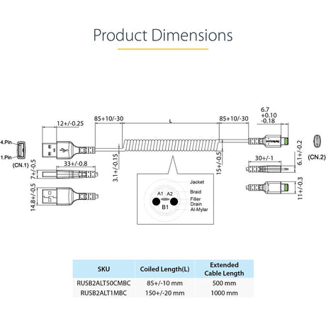 StarTech.com 50cm/20in USB to Lightning Cable, MFi Certified, Coiled iPhone Charger Cable, Black, Durable TPE Jacket Aramid Fiber