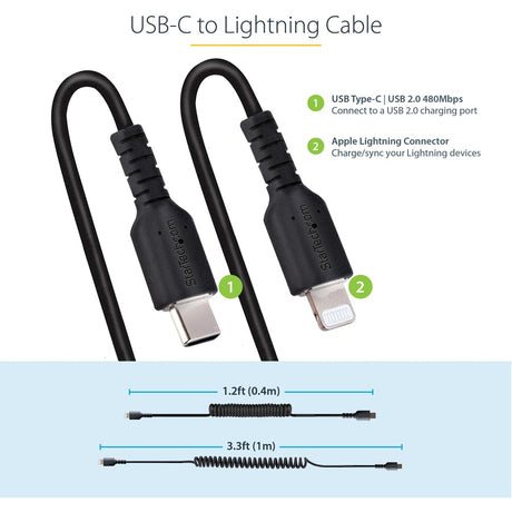 StarTech.com 1m (3ft) USB C to Lightning Cable, MFi Certified, Coiled iPhone Charger Cable, Black, Durable TPE Jacket Aramid Fiber