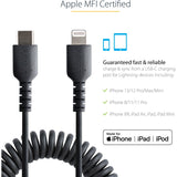 StarTech.com 50cm / 20in USB C to Lightning Cable, MFi Certified, Coiled iPhone Charger Cable, Black, TPE Jacket Aramid Fiber