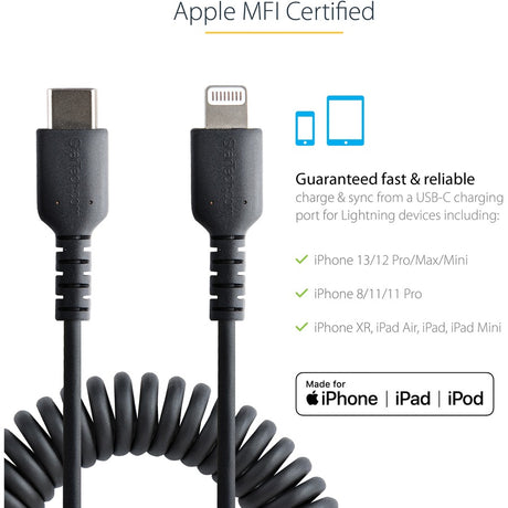 StarTech.com 50cm / 20in USB C to Lightning Cable, MFi Certified, Coiled iPhone Charger Cable, Black, TPE Jacket Aramid Fiber