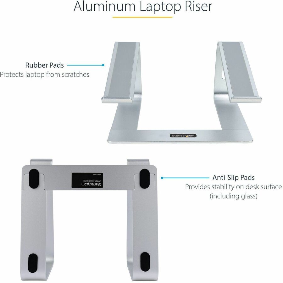 StarTech.com Laptop Stand for Desk, Supports 5kg / 11lb, Aluminum, Silver, Ergonomic Laptop Riser, Portable Laptop Holder for Desk