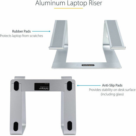 StarTech.com Laptop Stand for Desk, Supports 5kg / 11lb, Aluminum, Silver, Ergonomic Laptop Riser, Portable Laptop Holder for Desk