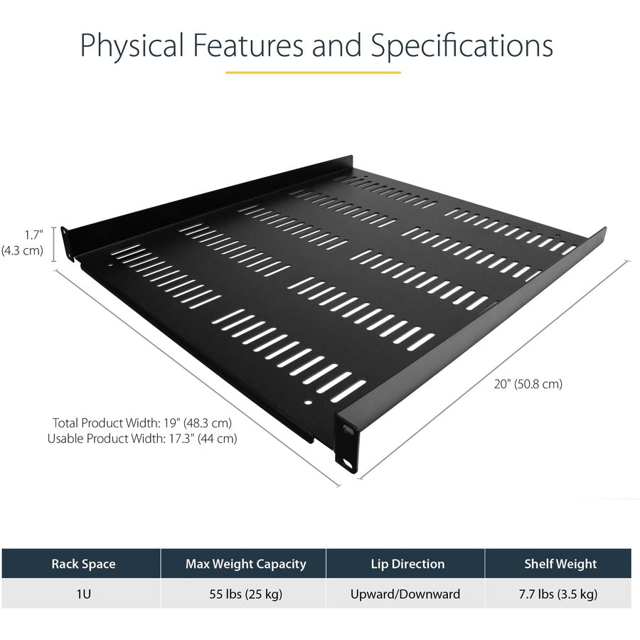 StarTech.com 1U Vented Server Rack Cabinet Shelf - Fixed 20" Deep Cantilever Rackmount Tray for 19" Data/AV/Network Enclosure w/Cage Nuts