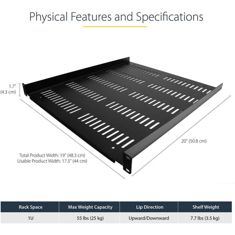 StarTech.com 1U Vented Server Rack Cabinet Shelf - Fixed 20" Deep Cantilever Rackmount Tray for 19" Data/AV/Network Enclosure w/Cage Nuts