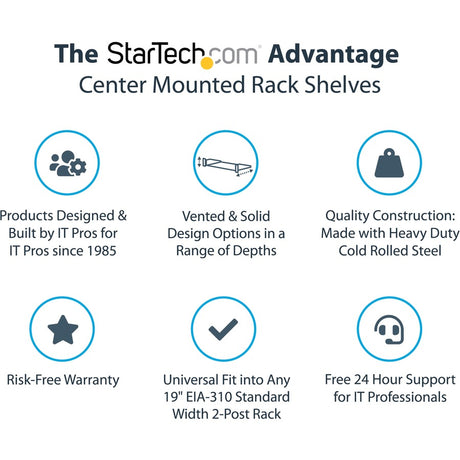 StarTech.com 2U Vented Server Rack Shelf - Center Mount Fixed 14" Deep Cantilever Rackmount Tray for 19" Data/AV/Network w/Cage Nuts