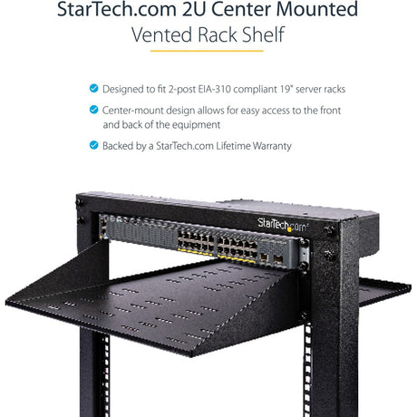StarTech.com 2U Vented Server Rack Shelf - Center Mount Fixed 20" Deep Cantilever Rackmount Tray for 19" Data/AV/Network w/Cage Nuts