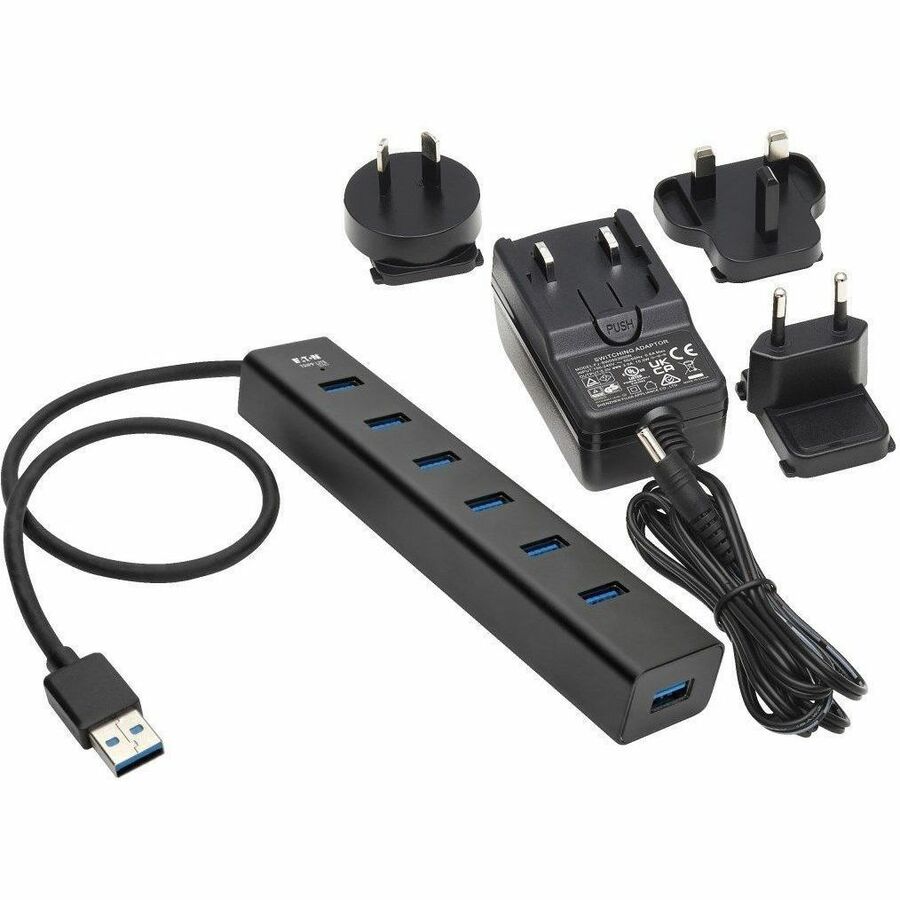 Eaton Tripp Lite Series 7-Port USB-A Mini Hub - USB 3.x (5Gbps), International Plug Adapters, Aluminum Housing