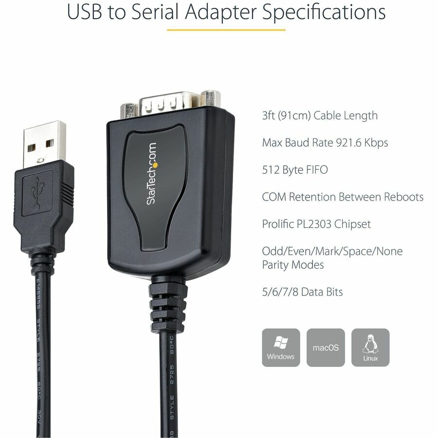 StarTech.com 3ft (1m) USB to Serial Cable with COM Port Retention, DB9 Male RS232 to USB Converter, USB to Serial Adapter, Prolific IC