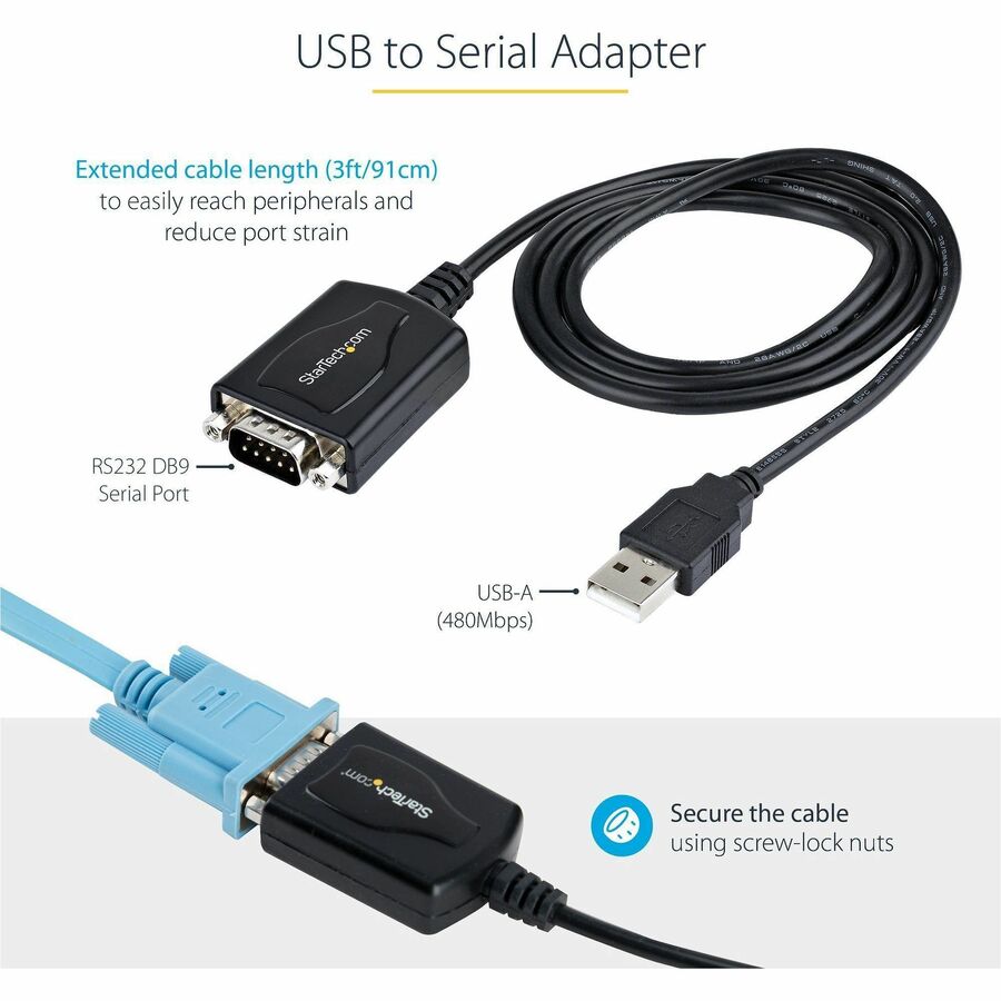 StarTech.com 3ft (1m) USB to Serial Cable with COM Port Retention, DB9 Male RS232 to USB Converter, USB to Serial Adapter, Prolific IC
