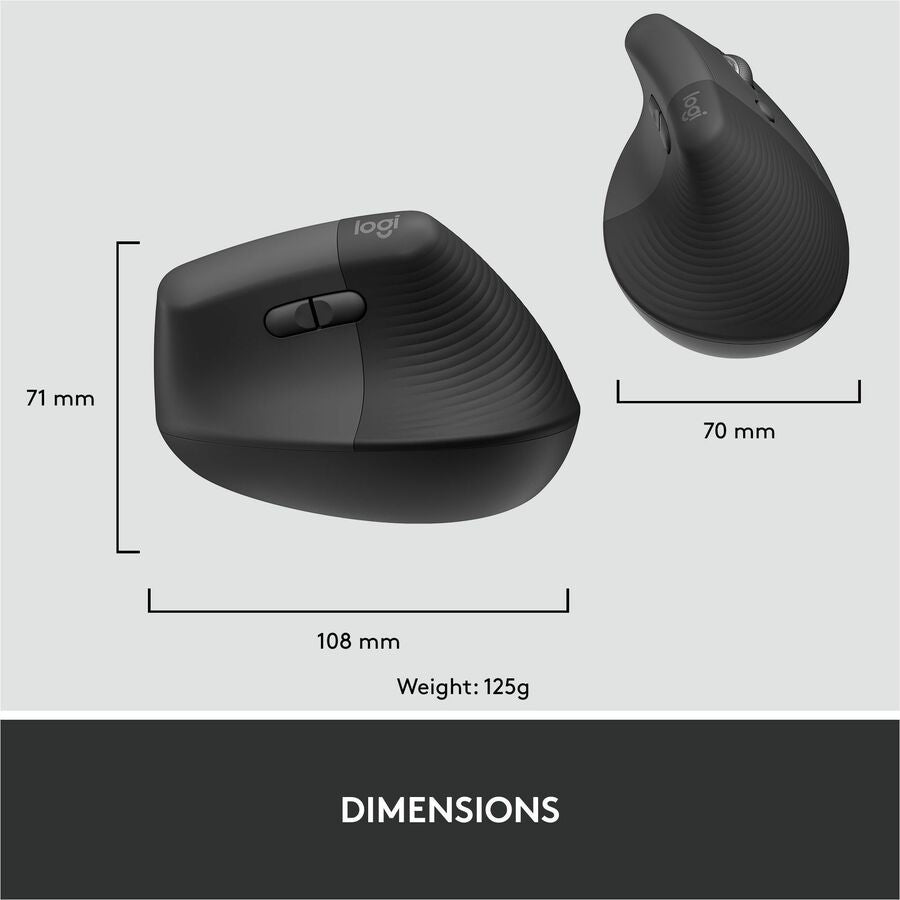 Logitech Lift for Business, Vertical Ergonomic Mouse, Wireless, Bluetooth, Logi Bolt USB, Quiet clicks, Graphite