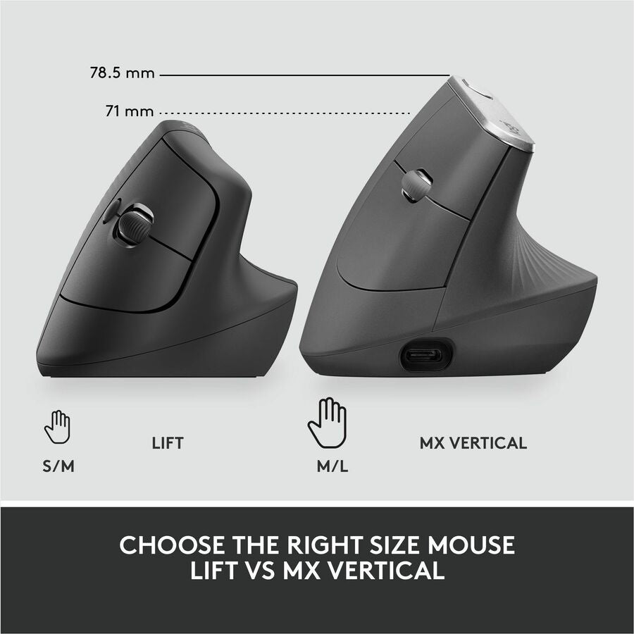 Logitech Lift for Business, Vertical Ergonomic Mouse, Wireless, Bluetooth, Logi Bolt USB, Quiet clicks, Graphite
