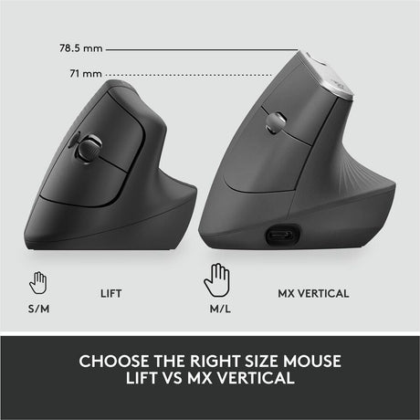 Logitech Lift for Business, Vertical Ergonomic Mouse, Wireless, Bluetooth, Logi Bolt USB, Quiet clicks, Graphite