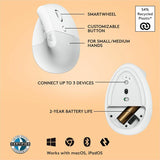 Logitech Lift Vertical Ergonomic Mouse, Wireless, Bluetooth or Logi Bolt USB receiver, Quiet clicks, 4 buttons, Off-white