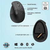 Logitech Lift Vertical Ergonomic Mouse, Wireless, Bluetooth or Logi Bolt USB receiver, Quiet clicks, 4 buttons, Graphite