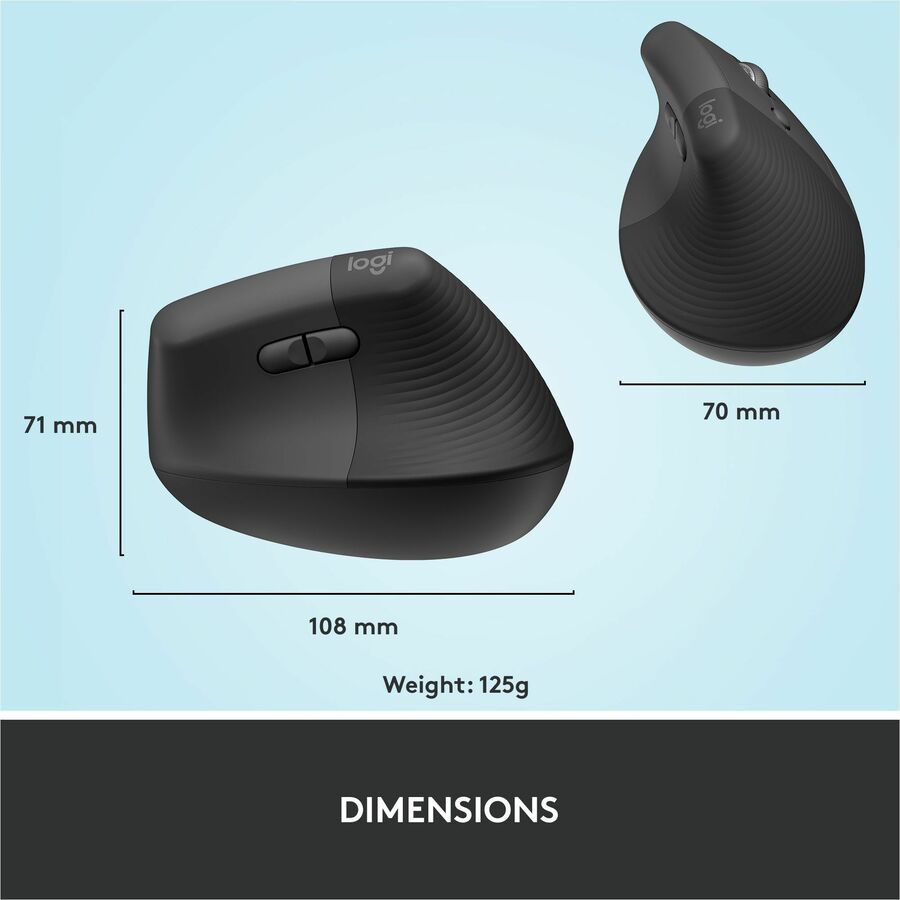 Logitech Lift Vertical Ergonomic Mouse, Wireless, Bluetooth or Logi Bolt USB receiver, Quiet clicks, 4 buttons, Graphite
